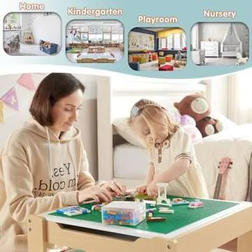 GABHX Kids Table and Chair Set, 4 in 1 Wooden Activity Table with Bookshelves and Storage Drawer, 2 in 1 Detachable Tabletop Construction Play Table Set for Drawing, Reading, Build Blocks