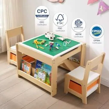 GABHX Kids Table and Chair Set, 4 in 1 Wooden Activity Table with Bookshelves and Storage Drawer, 2 in 1 Detachable Tabletop Construction Play Table Set for Drawing, Reading, Build Blocks