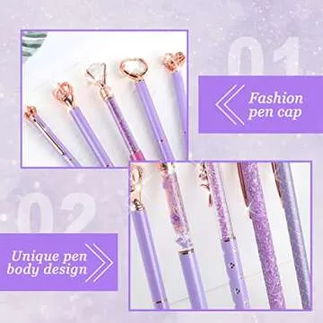amassan 12Pcs Slim Ballpoint Cute Pens Set Metal Fancy Liquid Sand Glitter Crystal Big Diamond Crown Pretty Pens Girly Black Ink for Home Wedding School Office (Purple)