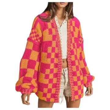 SHENHE Women's Checkered Cardigan Plaid Open Front Knitted Loose Chunky Cardigan Sweater Outwear