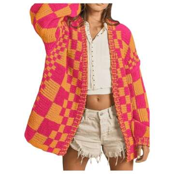 SHENHE Women's Checkered Cardigan Plaid Open Front Knitted Loose Chunky Cardigan Sweater Outwear