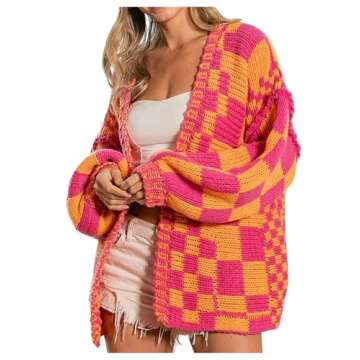 SHENHE Women's Checkered Cardigan Plaid Open Front Knitted Loose Chunky Cardigan Sweater Outwear