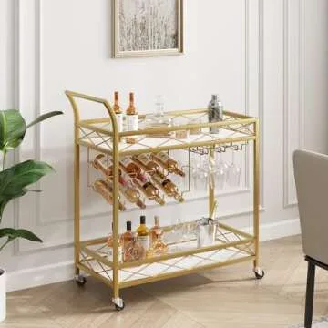 GAOMON Gold Mobile Bar Cart with Wine Rack & Glass Holder
