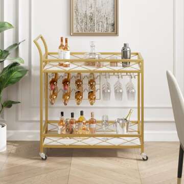 GAOMON Gold Mobile Bar Cart with Wine Rack & Glass Holder