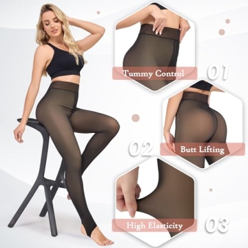 KBVOT Fleece Lined Tights Women Sheer Fake Translucent Winter Thermal Pantyhose Opaque Warm Thick High Waist Leggings Stirrup XS