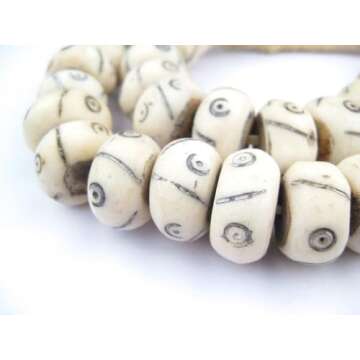 Carved White Bone Beads - Full Strand of Fair Trade Artisanal African Beads - The Bead Chest (Criss Cross Eye)