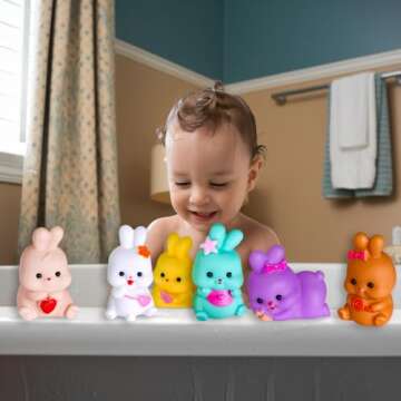 VKTEN 6 Pcs Bunny Bath Toys - Easter Basket Stuffers for Kids, Rubber Bunny Toys for Toddlers, Easter Gifts for Boys & Girls, Bath Time Fun Easter Toys