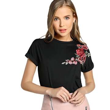 ROMWE Women's Floral Embroidery Cuffed Short Sleeve Casual Tees T-Shirt Tops Black L