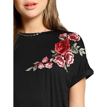 ROMWE Women's Floral Embroidery Cuffed Short Sleeve Casual Tees T-Shirt Tops Black L