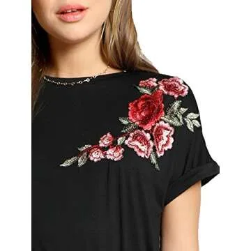 ROMWE Women's Floral Embroidery Cuffed Short Sleeve Casual Tees T-Shirt Tops Black L