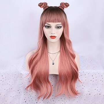 FORCUTEU Ombre Pink Wig with Bangs Long Pink Wavy Wigs for Women Long Pink Wavy Wig Pink Ombre Heat ...