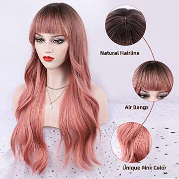FORCUTEU Ombre Pink Wig with Bangs Long Pink Wavy Wigs for Women Long Pink Wavy Wig Pink Ombre Heat Resistant Wigs for Daily Party(Ombre Pink 26inch)