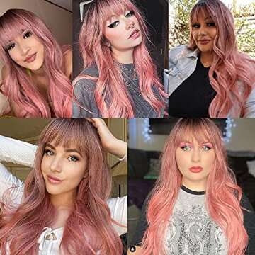 FORCUTEU Ombre Pink Wig with Bangs Long Pink Wavy Wigs for Women Long Pink Wavy Wig Pink Ombre Heat Resistant Wigs for Daily Party(Ombre Pink 26inch)