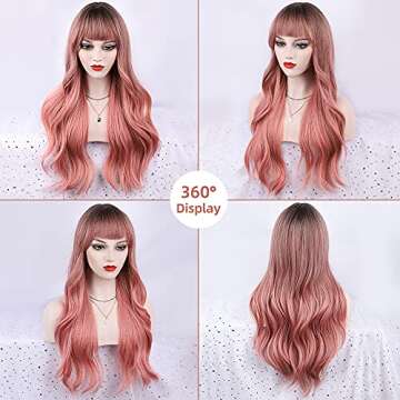 FORCUTEU Ombre Pink Wig with Bangs Long Pink Wavy Wigs for Women Long Pink Wavy Wig Pink Ombre Heat Resistant Wigs for Daily Party(Ombre Pink 26inch)