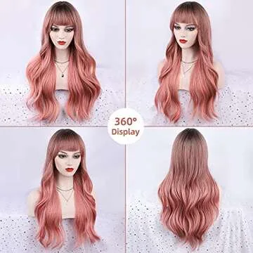 FORCUTEU Ombre Pink Wig with Bangs Long Pink Wavy Wigs for Women Long Pink Wavy Wig Pink Ombre Heat Resistant Wigs for Daily Party(Ombre Pink 26inch)