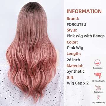 FORCUTEU Ombre Pink Wig with Bangs Long Pink Wavy Wigs for Women Long Pink Wavy Wig Pink Ombre Heat Resistant Wigs for Daily Party(Ombre Pink 26inch)