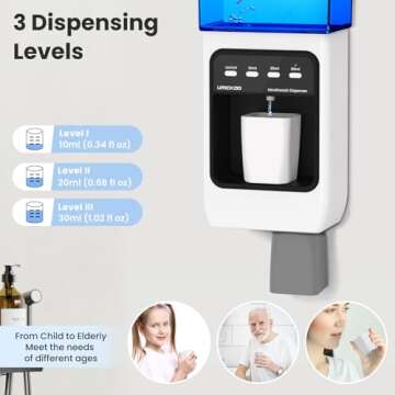 UMICKOO Mouthwash Dispenser for Bathroom 700mL(24.6 Oz), Automatic Wall Mounted Mouthwash Dispensers Rechargeable with Magnetic Cups,Adjustable Dispensing Levels,Perfect for Kids and Adults