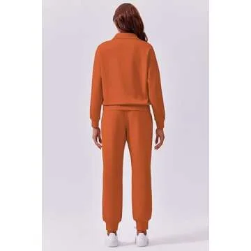 PINSPARK Women 2 Piece Lounge Sets Tracksuit Long Sleeve Half Zip Sweatshirt Sweatpants Jogger Sets 2024 Fall Travel Outfits,Orange Small