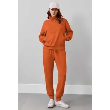 PINSPARK Women 2 Piece Lounge Sets Tracksuit Long Sleeve Half Zip Sweatshirt Sweatpants Jogger Sets 2024 Fall Travel Outfits,Orange Small