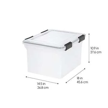 IRIS USA File Box WeatherPro File Organizer Plastic File Box for Letter/Legal File, Water Resistant Document Box, Durable Lid, Seal w/ Secure Latching Buckles, Stackable, Nestable, Clear 32 Qt. 4Pack