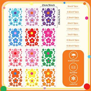 288 Pcs Y2k Cute Flowers Wall Sticker Colorful Floral Wall Decal Vinyl Peel and Stick Preppy Hippie Stickers Aesthetic Wall Flowers Wall Decor for Nursery Bedroom(9.1 x 11.4 Inch,Bright Colors)