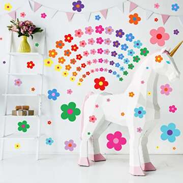 288 Pcs Y2k Cute Flowers Wall Sticker Colorful Floral Wall Decal Vinyl Peel and Stick Preppy Hippie Stickers Aesthetic Wall Flowers Wall Decor for Nursery Bedroom(9.1 x 11.4 Inch,Bright Colors)