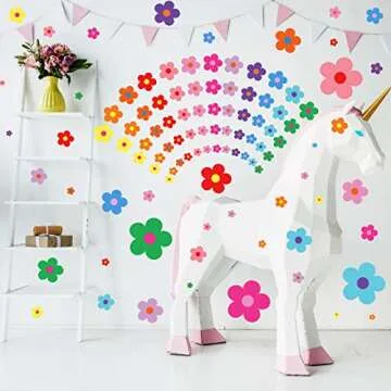 288 Pcs Y2k Cute Flowers Wall Sticker Colorful Floral Wall Decal Vinyl Peel and Stick Preppy Hippie Stickers Aesthetic Wall Flowers Wall Decor for Nursery Bedroom(9.1 x 11.4 Inch,Bright Colors)