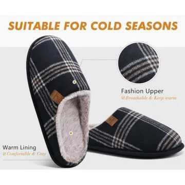 COFACE Mens Black Flano Plaid Cozy Memory Foam Scuff Slippers Slip On Warm House Shoes Indoor/Outdoo...