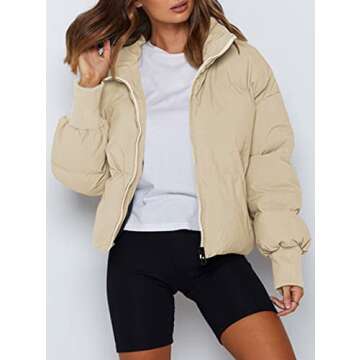 ZROZYL Women's Winter Puffer Down Jacket Long Sleeve Zipper Pockets Baggy Short Coats Apricot L