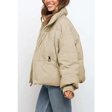 ZROZYL Women's Winter Puffer Down Jacket Long Sleeve Zipper Pockets Baggy Short Coats Apricot L