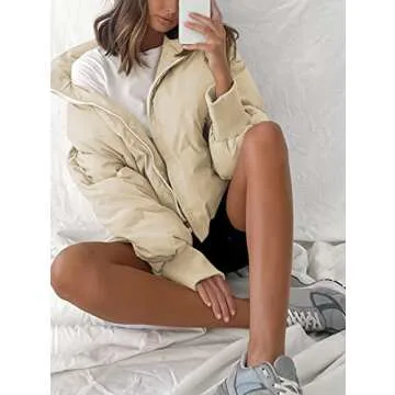 ZROZYL Women's Winter Puffer Down Jacket Long Sleeve Zipper Pockets Baggy Short Coats Apricot L