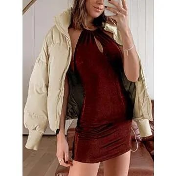 ZROZYL Women's Winter Puffer Down Jacket Long Sleeve Zipper Pockets Baggy Short Coats Apricot L