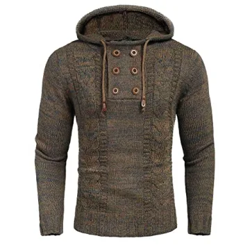 COOFANDY Men's Knitted Hoodies Pullover - Stylish Slim Fit Sweater in Brown