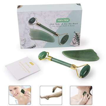 Jade Roller & Gua Sha Massage Tool Set, Jade Roller for Face, 100% All-Natural jade, Highly Potent, Anti Aging Wrinkle, Facial Massager Therapy, Clears Toxins, Reduces Puffiness