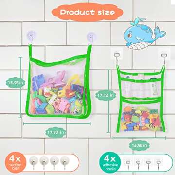 Bath Toy Organizer, SUNDOKI Toy Holder Storage Bags 2 Bath Toy Nets with and 8 Hooks for Kids, Toddlers and Adults (Green)