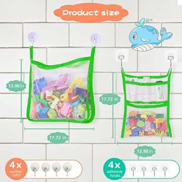 Bath Toy Organizer, SUNDOKI Toy Holder Storage Bags 2 Bath Toy Nets with and 8 Hooks for Kids, Toddlers and Adults (Green)