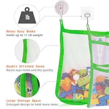 Bath Toy Organizer, SUNDOKI Toy Holder Storage Bags 2 Bath Toy Nets with and 8 Hooks for Kids, Toddlers and Adults (Green)