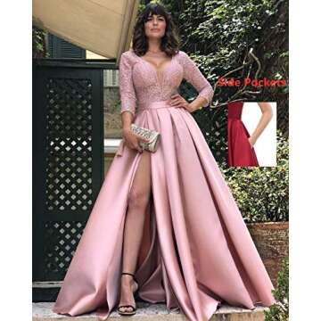 Wine Red Prom Dresses High Split Evening Dress 3/4 Sleeve Satin Party Floor Length-Long Gown for Women
