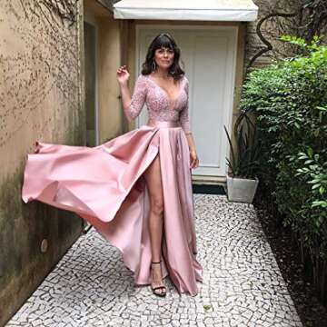 Wine Red Prom Dresses High Split Evening Dress 3/4 Sleeve Satin Party Floor Length-Long Gown for Women