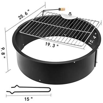 VBENLEM 25.6 Inch Fire Pit Rings with Grate Fire Pit Insert 3.0mm Thickness Solid Steel Heavy-Duty Outdoor Fire Ring with 19.3 x 15.4 Inch Camping Park Grill for Outdoor Camping