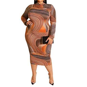IyMoo Women Sexy Plus Size V Neck Dresses Elegant Bodycon Long Sleeve Pencil Business Suiting with Waistband Slim Fit Zipper Orange XL