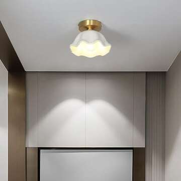 VUCICA Flower Ceramic Shade Semi Flush Mount Ceiling Lighting Simple Gold Hallway Ceiling Lights Fix...