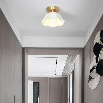 VUCICA Flower Ceramic Shade Semi Flush Mount Ceiling Lighting Simple Gold Hallway Ceiling Lights Fixture Vintage Mini Ceiling Lamp, for Bedroom Corridor