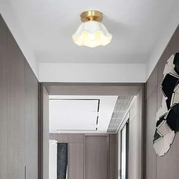 VUCICA Flower Ceramic Shade Semi Flush Mount Ceiling Lighting Simple Gold Hallway Ceiling Lights Fixture Vintage Mini Ceiling Lamp, for Bedroom Corridor