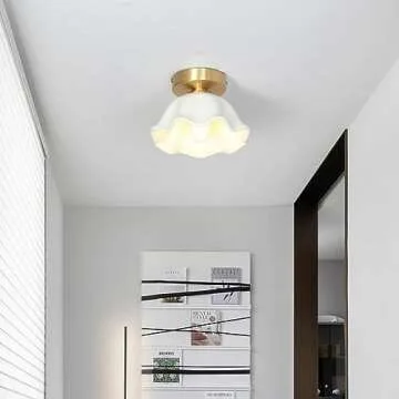 VUCICA Flower Ceramic Shade Semi Flush Mount Ceiling Lighting Simple Gold Hallway Ceiling Lights Fixture Vintage Mini Ceiling Lamp, for Bedroom Corridor
