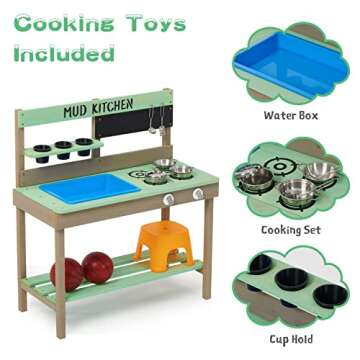 Kid's Wooden Play Kitchen, Outdoor Mud Kitchen with Water Play Set and Cooking Toys, Backyard Play for 3+ Years Kid