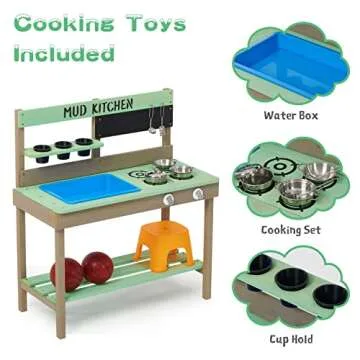 Kid's Wooden Play Kitchen, Outdoor Mud Kitchen with Water Play Set and Cooking Toys, Backyard Play for 3+ Years Kid