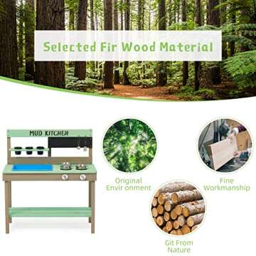 Kid's Wooden Play Kitchen, Outdoor Mud Kitchen with Water Play Set and Cooking Toys, Backyard Play for 3+ Years Kid