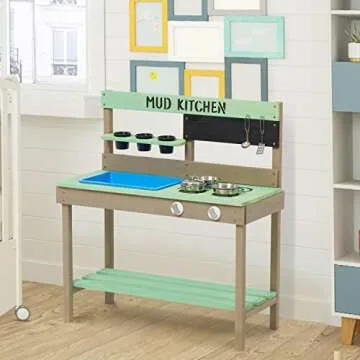 Kid's Wooden Play Kitchen, Outdoor Mud Kitchen with Water Play Set and Cooking Toys, Backyard Play for 3+ Years Kid