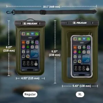 Pelican Marine - IP68 Waterproof Phone Pouch (Regular Size) Floating Waterproof Phone Case - Beach Cruise Ship Travel Essentials - Works with All Phones - Detachable Lanyard - Olive Green